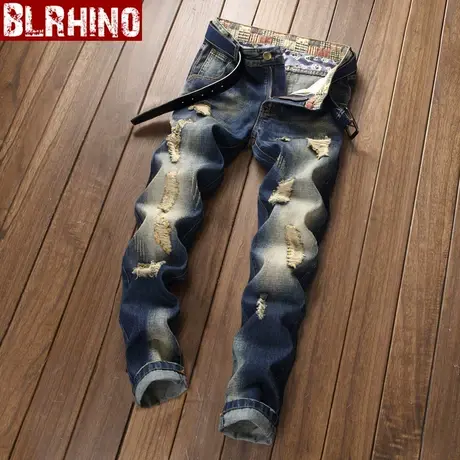 男士23年新款修身直筒破洞牛仔裤男装潮流破洞长裤青少年乞丐裤男图片