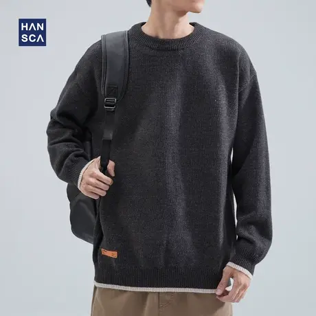 hansca假两件毛衣男冬季加厚保暖复古圆领套头宽松休闲打底针织衫商品大图