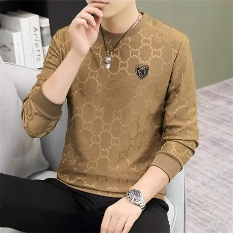 高档提花面料男士长袖t恤衫秋季潮流打底衫春秋款加肥加大码卫衣图片