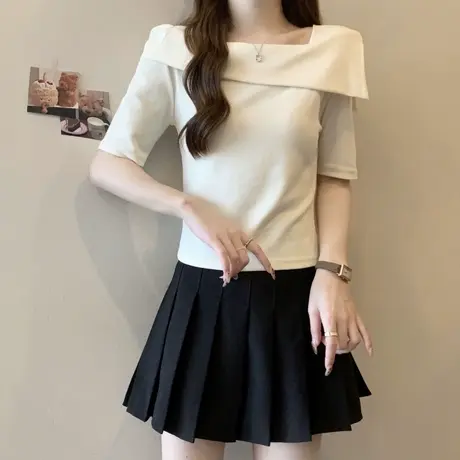 纯欲风一字肩露锁骨短袖T恤女夏季修身韩版小个子短款辣妹上衣潮商品大图