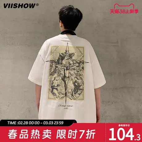 VIISHOW重磅纯棉设计感小众短袖T恤男女夏季ins休闲宽松情侣上衣商品大图