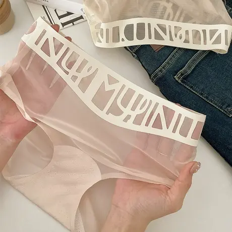 复古色系~轻薄网纱内裤女性感镂空中腰无痕速干三角加长裆夏季薄图片