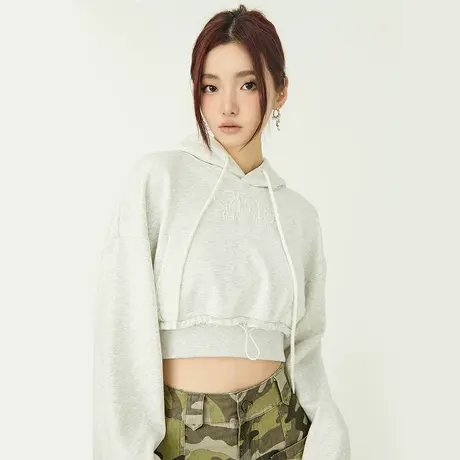 2024新款短款灰色连帽卫衣女春秋薄款设计感小众宽松长袖上衣ins图片