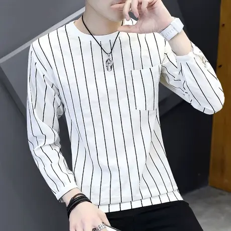 2023新款条纹长袖t恤男潮流口袋设计百搭上衣ins秋季休闲圆领卫衣商品大图