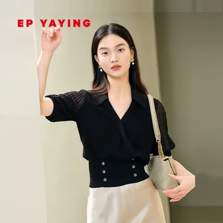 EP YAYING雅莹女装 交叠V领薄纱式中袖针织衫 2023新款9513A商品大图
