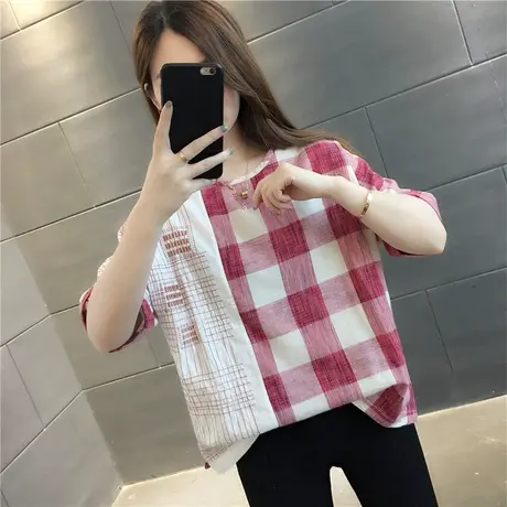 格子棉麻短袖T恤女2023年新款女装韩版半袖打底体恤上衣开叉百搭商品大图