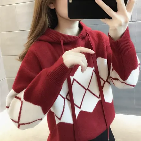 新年毛衣2023春季新款连帽毛衣圆领打底衫菱格复古洋气针织衫女士图片