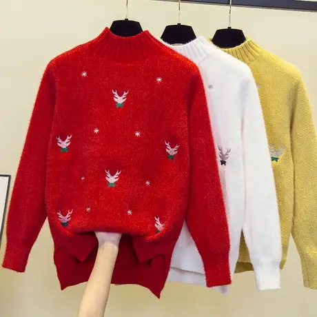 半高领水貂绒红色毛衣女加厚打底衫2023秋冬新款套头针织衫上衣潮图片