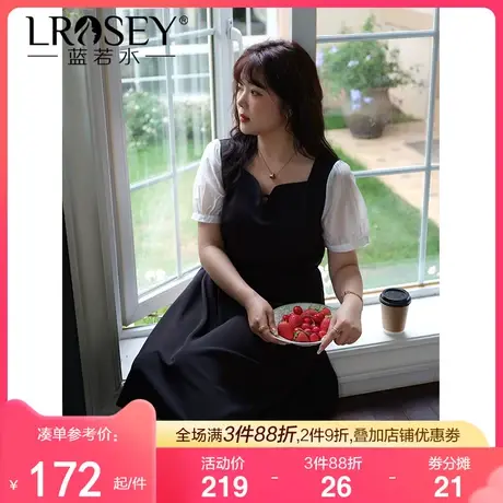 蓝若水大码法式方领连衣裙女胖mm夏装气质收腰显瘦雪纺赫本小黑裙图片