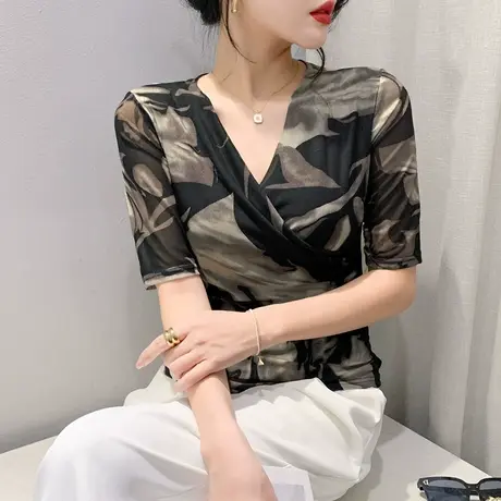 欧货性感V领交叉T恤女五分袖时尚洋气扎染印花上衣修身网纱小衫潮商品大图