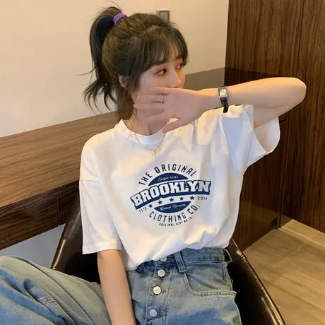 白色短袖t恤女2023夏季新款纯棉大码宽松设计感显瘦正肩上衣ins潮商品大图
