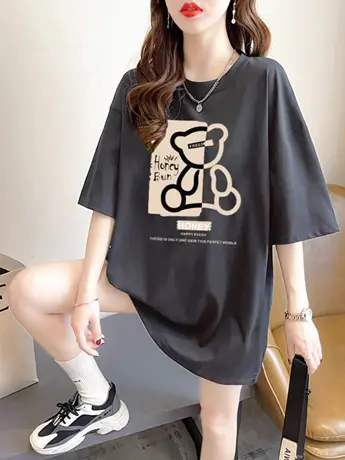 大码小众圆领短袖t恤女2023新款宽松休闲慵懒风纯棉夏装遮肚上衣商品大图