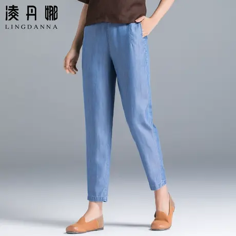 天丝牛仔裤松紧腰夏季薄款九分裤冰丝休闲女裤夏妈妈裤大码哈伦裤商品大图