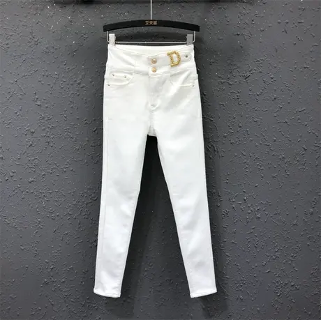 白色加绒加厚外穿打底小脚裤女冬洋气字母装饰高腰显瘦牛仔铅笔裤图片