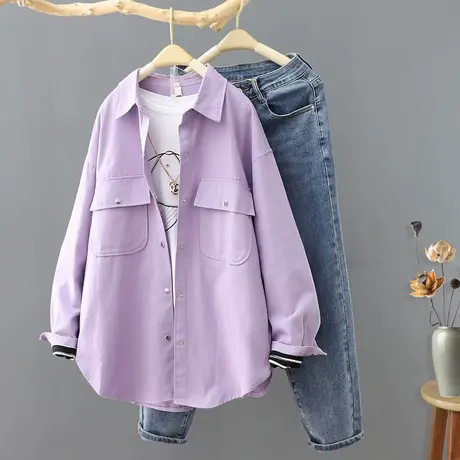 春季印花衬衫女士韩版纯色长袖衬衣外套港风宽松休闲上衣外穿百搭商品大图