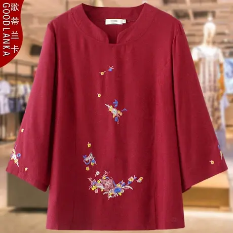 大码妈妈装夏季洋气小衫宽松中老年女装刺绣V领纯棉五分袖T恤上衣商品大图