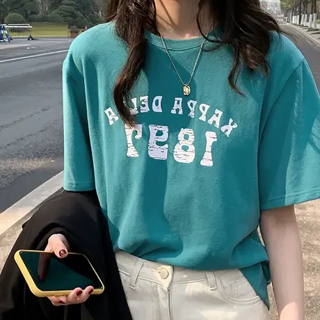 字母印花短袖T恤女夏2023新款复古宽松休闲百搭体恤半袖圆领上衣商品大图