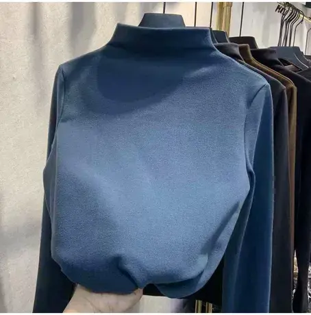 2023年新款春秋半高领长袖打底衫T恤女装黑色修身显瘦内搭薄上衣商品大图