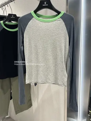 欧货春秋新款个性正肩撞色拼接插肩长袖t恤女上衣修身显高打底衫商品大图