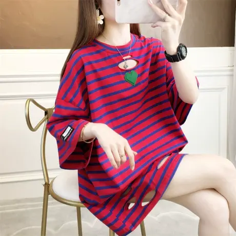 纯棉短袖t恤女夏装韩版宽松大码中长款下衣失踪条纹半袖上衣服潮图片