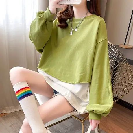 早秋ins卫衣女春秋季韩版宽松薄款初秋百搭纯色假两件上衣外套潮图片