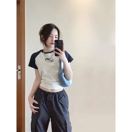 撞色插肩短袖t恤女夏季小众别致修身美式复古辣妹风短款上衣ins商品大图