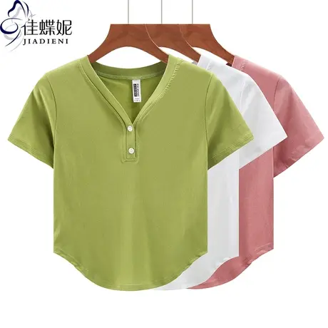 夏季新款韩版V领修身纯白短款纯欲燕尾短袖体恤上衣内搭女打底衫商品大图