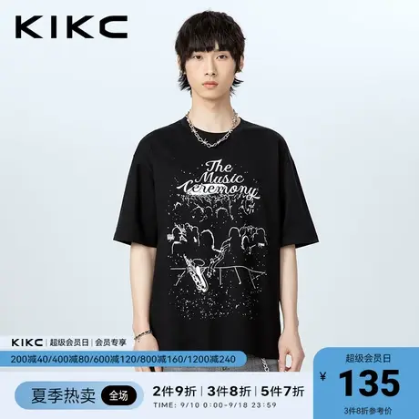 kikc黑色t恤男2023春夏新款商场同款艺术图案印花高级潮流短袖图片
