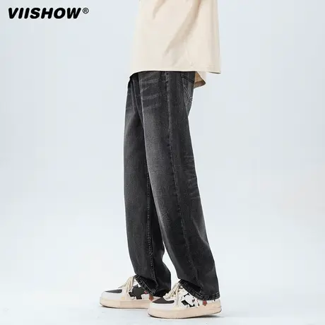 VIISHOW牛仔裤男潮流宽松直筒黑灰抽绳复古水洗做旧百搭阔腿裤商品大图
