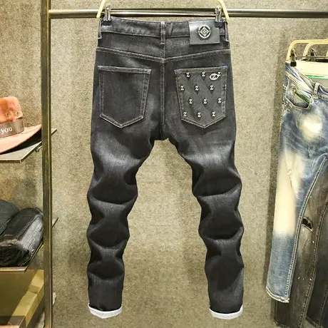 潮牌高端设计感牛仔裤男修身小脚裤春秋季弹力休闲黑色百搭长裤子商品大图