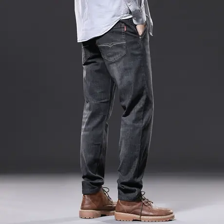 黑色春季弹力宽松牛仔裤男厚款高腰深裆直筒休闲加肥加大码长裤胖商品大图