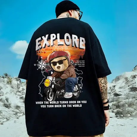 oversize潮牌胖子男装加肥加大码国潮嘻哈宽松小熊短袖T恤潮半袖图片