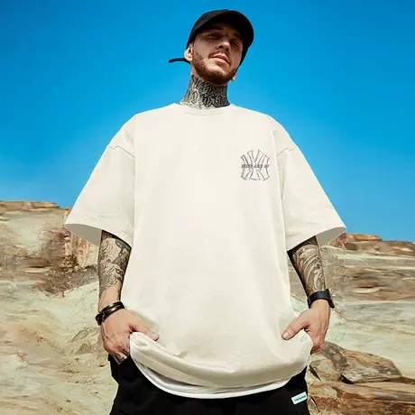 300g重磅美式字母印花短袖t恤街头大码少年感圆领纯棉日系半袖男商品大图