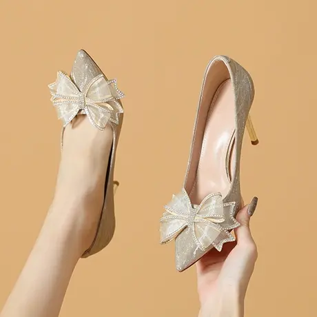 法式婚鞋女2023年春夏季新款新娘婚纱高跟鞋蝴蝶结伴娘尖头单鞋图片