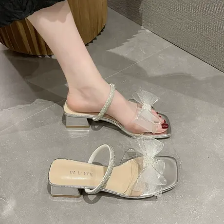 凉鞋女夏季2023新款仙女蝴蝶结气质法式小高跟鞋水钻凉拖鞋女外穿商品大图