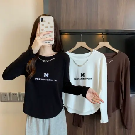 大码胖MM春秋新款设计感辣妹T恤上衣女装显瘦正肩长袖打底衫200斤商品大图