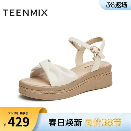 天美意一字带休闲厚底凉鞋女外穿坡跟时装凉鞋2024夏新款CKV01BL4图片
