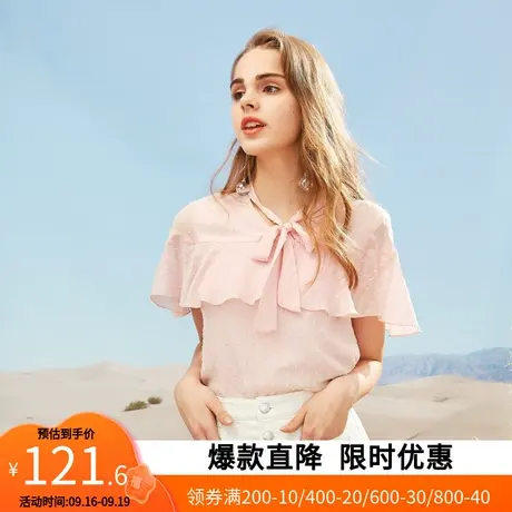【艾格】夏季新款上衣颈带甜美可爱时尚雪纺衫休闲日常短袖衬衫女商品大图