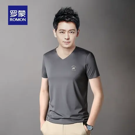 罗蒙男士冰丝短袖T恤夏季薄款中老年爸爸装鸡心V领打底衫上衣服体图片