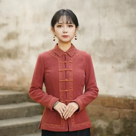 筠雅棉服女款冬季加厚旗袍小棉袄唐装棉衣棉服夹棉新中式女装外套商品大图