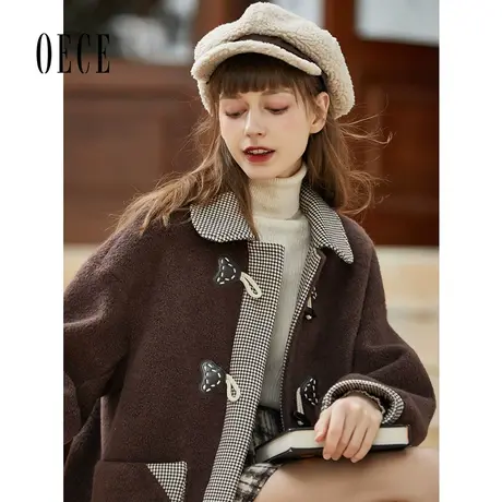 【买1送1】Oece复古短款毛呢外套冬新款女装气质羊毛呢子大衣商品大图