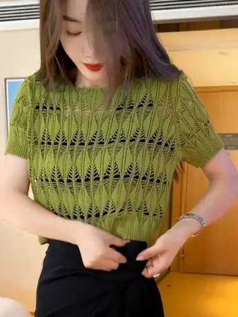 2023夏季新款设计感短袖针织衫女洋气镂空短款小心机小众针织T恤商品大图