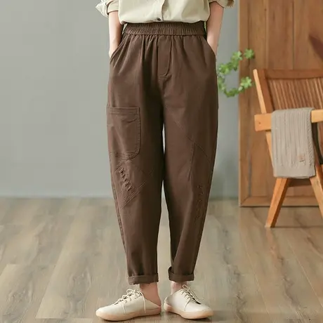 dza 高腰显瘦宽松哈伦裤子女士春秋纯棉长裤口袋休闲裤直筒收腿裤图片