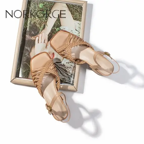 NorKorGe/诺卡格中粗跟好走手工编织度假风露趾凉鞋-百搭杏色图片