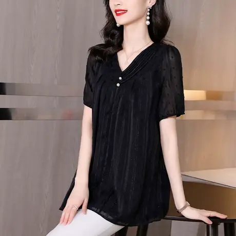 2023夏季宽松遮肚上衣气质减龄短袖漂亮雪纺衬衫大码女装胖mmt恤商品大图