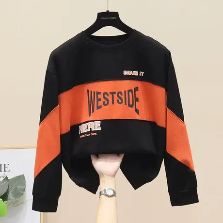 圆领卫衣女2023春秋新款韩版时尚印花宽松百搭拼接长袖套头上衣潮图片