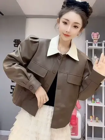 pu机车皮衣外套女春秋2023新款撞色翻领短款宽松长袖夹克酷潮ins商品大图