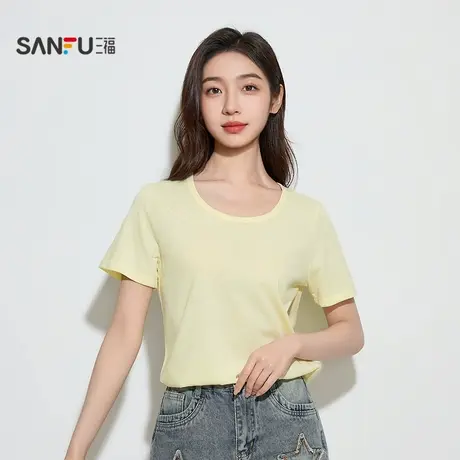 三福女夏季雪花棉短袖T恤 简约休闲宽松易搭配单衣上衣506348商品大图