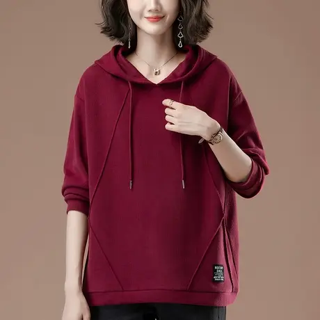 连帽卫衣女春秋薄款加肥加大码女装宽松中年妈妈减龄纯色显瘦上衣商品大图