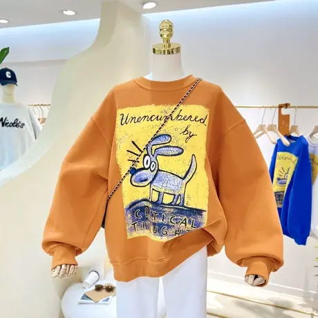 卡通做旧小狗韩版春秋复古印花宽松大码圆领套头卫衣女外套单穿潮商品大图